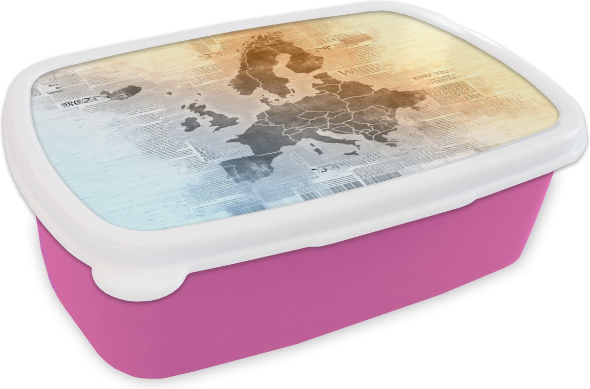 Broodtrommel Roze - Lunchbox - Brooddoos - Kaart - Europa - Krant - 18x12x6 cm - Kinderen - Meisje
