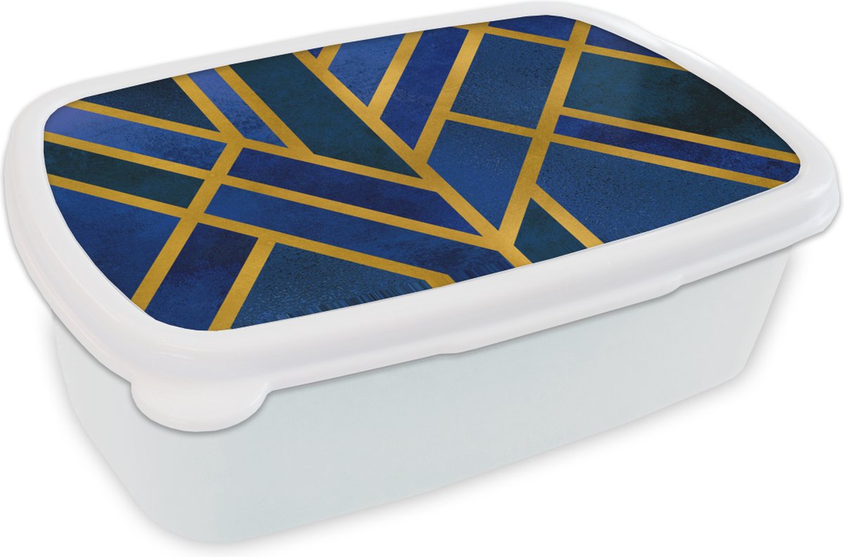 Broodtrommel Wit - Lunchbox - Brooddoos - Goud - Blauw - Patroon - 18x12x6 cm - Volwassenen