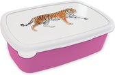 Broodtrommel Roze - Lunchbox - Brooddoos - Tijger - Oranje - Wit - 18x12x6 cm - Kinderen - Meisje