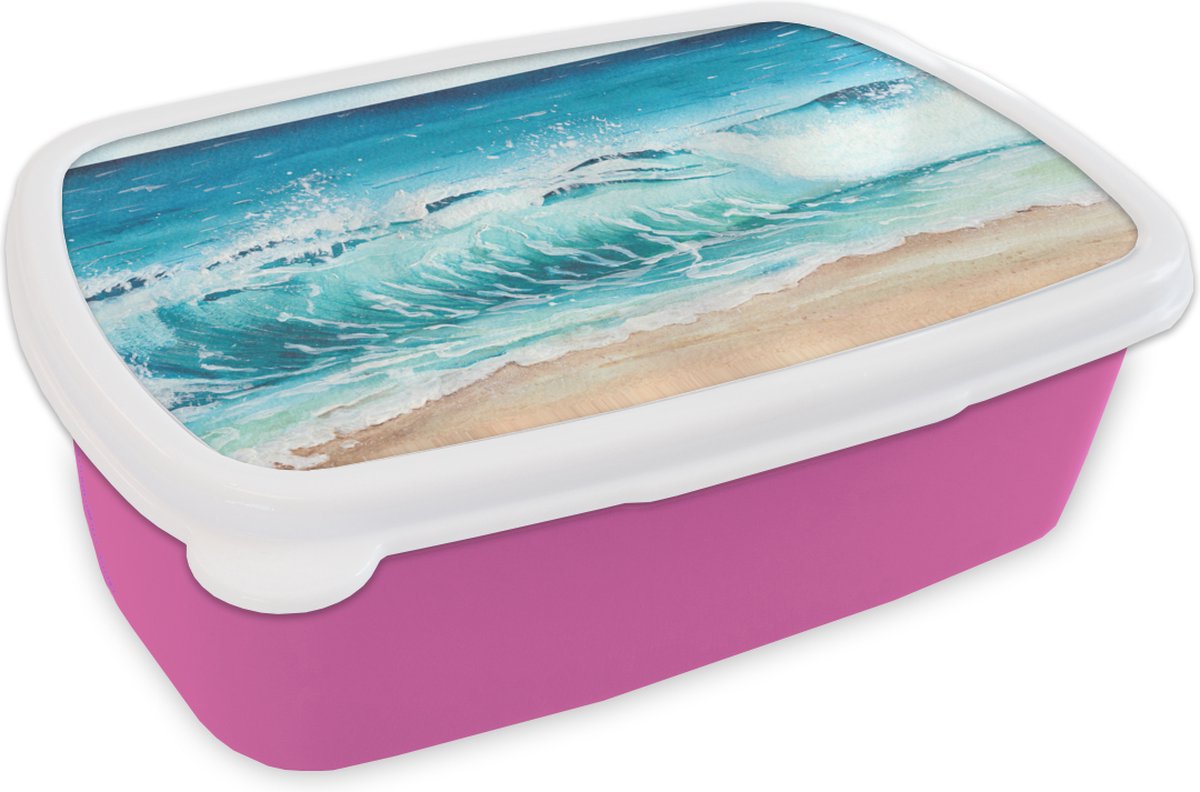 Broodtrommel Roze - Lunchbox - Brooddoos - Golf - Strand - Waterverf - 18x12x6 cm - Kinderen - Meisje