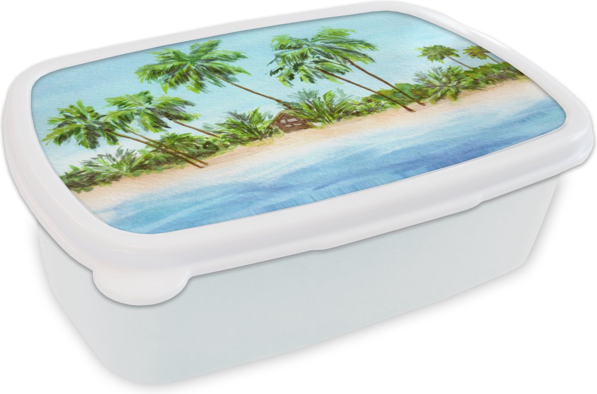 Broodtrommel Wit - Lunchbox - Brooddoos - Palmboom - Hut - Strand - 18x12x6 cm - Volwassenen