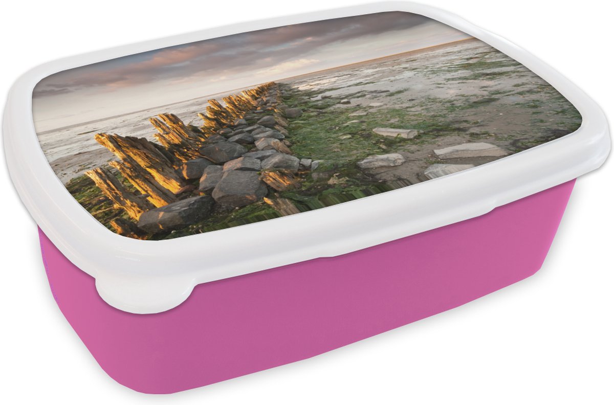Broodtrommel Roze - Lunchbox - Brooddoos - Zee - Stenen - Nederland - 18x12x6 cm - Kinderen - Meisje