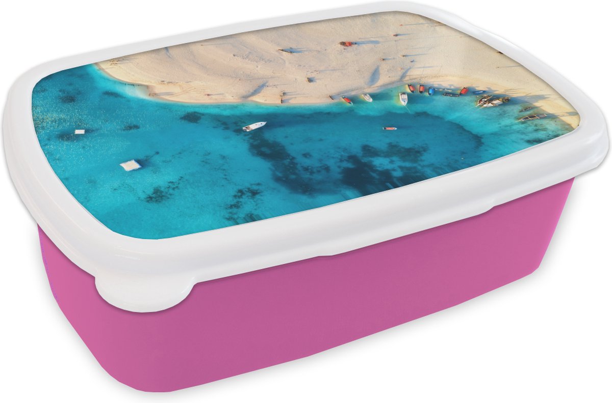 Broodtrommel Roze - Lunchbox - Brooddoos - Strand - Boot - Zee - 18x12x6 cm - Kinderen - Meisje