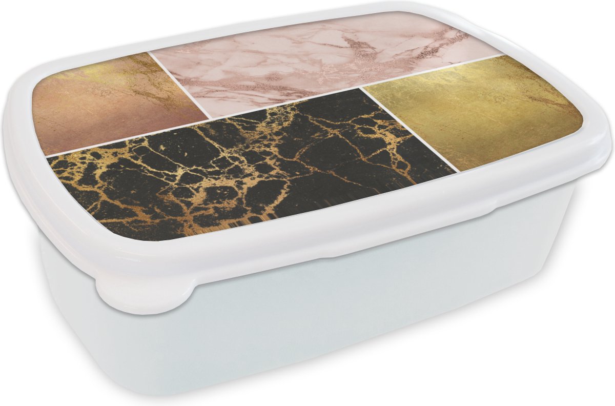 Broodtrommel Wit - Lunchbox - Brooddoos - Marmer - Rosé - Goud - 18x12x6 cm - Volwassenen