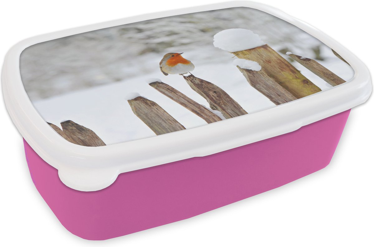 Broodtrommel Roze - Lunchbox - Brooddoos - Vogel - Hek - Sneeuw - 18x12x6 cm - Kinderen - Meisje