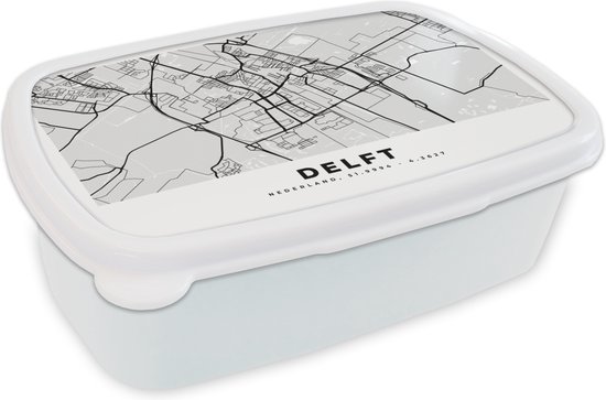 Lunchbox Wit - Lunchbox - Boîte à Pain - Carte - Delft - Zwart - Wit - 18x12x6 cm - Adultes