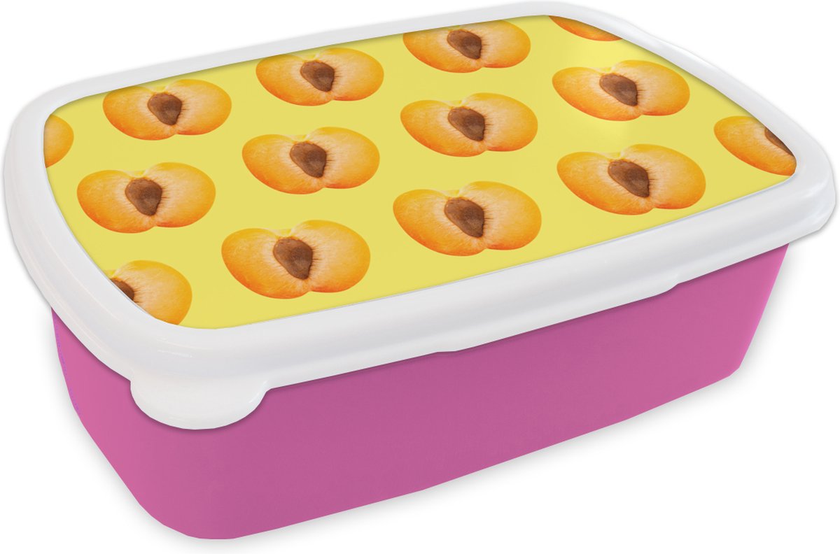 Broodtrommel Roze - Lunchbox - Brooddoos - Perzik - Patroon - Kleuren - 18x12x6 cm - Kinderen - Meisje