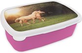 Broodtrommel Roze - Lunchbox - Brooddoos - Paarden - Bos - Zon - 18x12x6 cm - Kinderen - Meisje