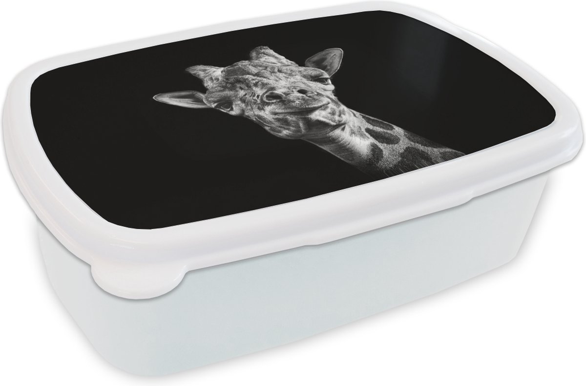 Broodtrommel Wit - Lunchbox - Brooddoos - Giraffe - Dier - Zwart - Wit - 18x12x6 cm - Volwassenen