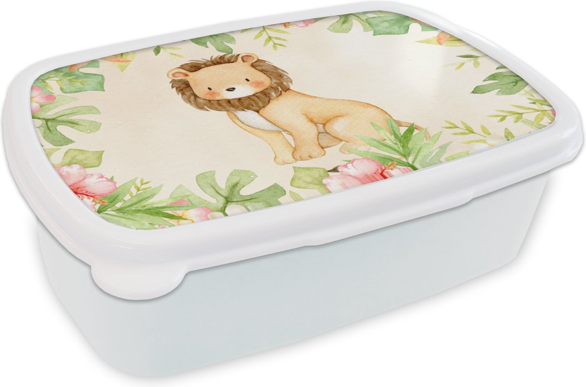 Broodtrommel Wit - Lunchbox - Brooddoos - Leeuw - Jungle - Aquarelverf - 18x12x6 cm - Volwassenen