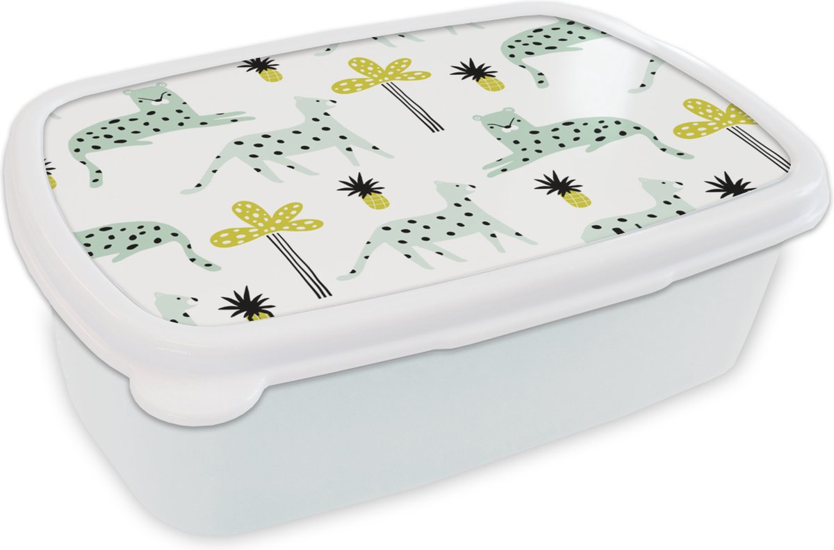Broodtrommel Wit - Lunchbox - Brooddoos - Panter - Boom - Fruit - Pastel - 18x12x6 cm - Volwassenen