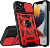 iPhone 13 Mini Hoesje met Camera Bescherming Rood - Hoesje iPhone 13 Mini met ring houder Rugged Armor Back Cover - Case - Camera Schuif