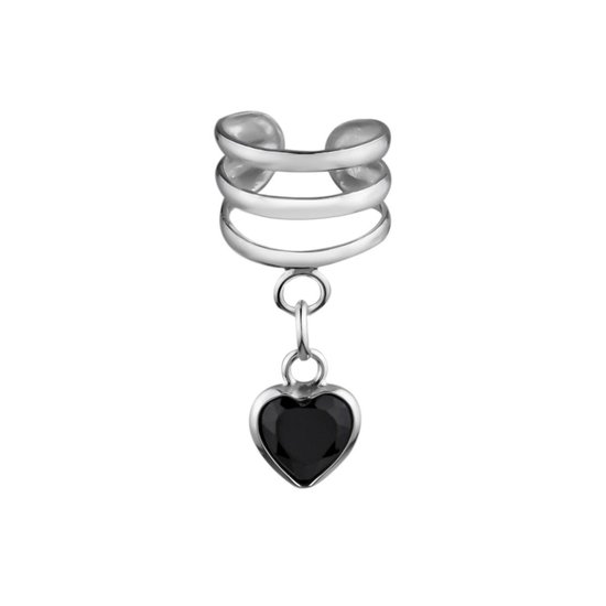 Zilverkleurige ear cuff met drie lagen en een hangend hartje met zwarte steen.