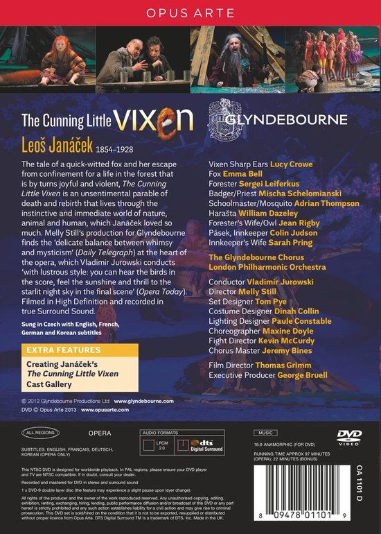 Achterkant van de DVD-hoes van Janácek's The Cunning Little Vixen, met filmstill, cast en details.