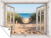 Tuinposter doorkijk door openslaand wit raam - Hollandse duinen - Strand - Zee - 120x90 cm - Tuindoek - Tuinposter - Tuin decoratie - Tuinposters buiten