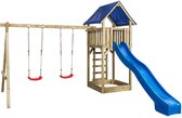 Houten Speeltoestel Jonas (SwingKing) | Speeltoren met Glijbaan, Dubbele Schommel en Zandbak | Voor Buiten in de Tuin | FSC Hout - Glijbaan Blauw