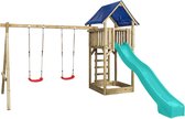 Houten Speeltoestel Jonas (SwingKing) | Speeltoren met Glijbaan, Dubbele Schommel en Zandbak | Voor Buiten in de Tuin | FSC Hout - Glijbaan Turquoise blauw