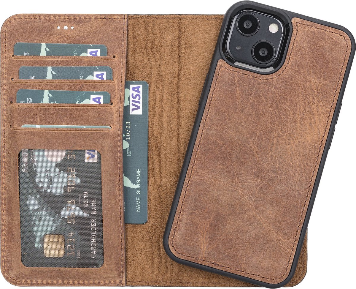 Hoesje iPhone 13 Pro Oblac® - Full-grain leer - Magnetisch 2IN1 - RFID - 5 kaartvakken - Antiek Bruin
