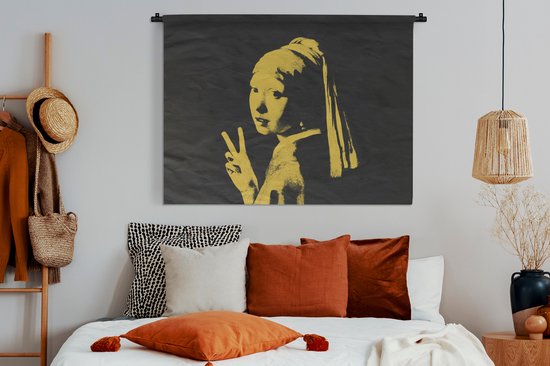 Wandkleed - Wanddoek - Meisje met de parel - Geel - Zwart - 120x90 cm - Wandtapijt