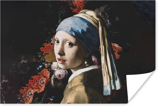 Poster Meisje met de parel - Vermeer - Bloemen - 90x60 cm