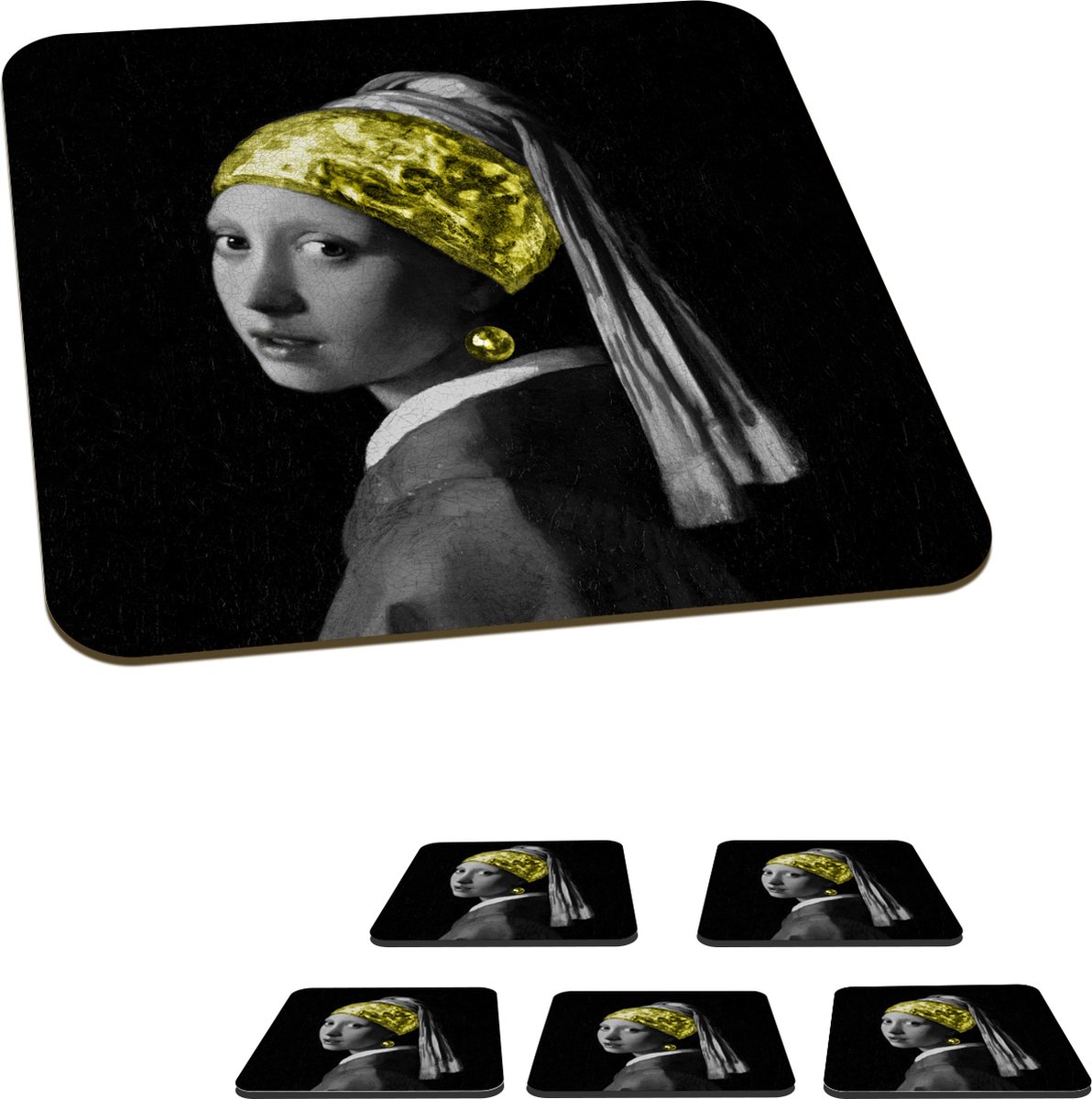 Onderzetters voor glazen - Meisje met de parel - Schilderij - Goud - 10x10 cm - Glasonderzetters - 6 stuks