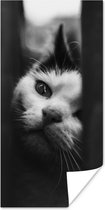 Poster Dierenprofiel spiekende kat in zwart-wit - 80x160 cm