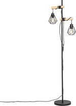 QAZQA chon - Landelijke Vloerlamp | Staande Lamp met kap - 2 lichts - H 155 cm - Zwart -  Woonkamer | Slaapkamer | Keuken