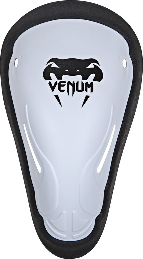 Witte Venum kruisbeschermer met zwart logo, omrand met zwart schuim.