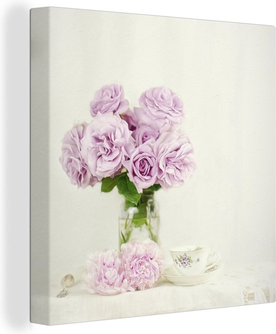 Tableau sur toile Bouquet de pivoines roses avec une tasse de thé - 90x90 cm - Art Décoration murale