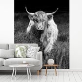 Behang - Fotobehang Een Schotse hooglander in het hoge gras - zwart wit - Breedte 180 cm x hoogte 220 cm