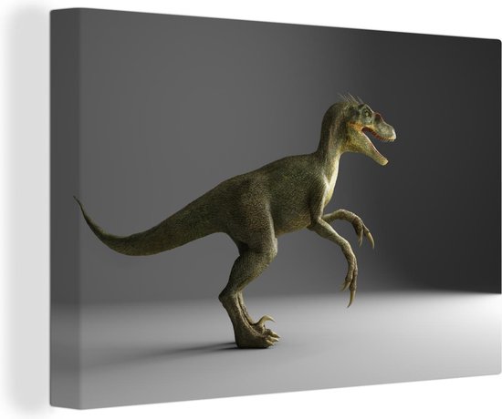 Canvas schilderij 150x100 cm - Wanddecoratie Velociraptor - Dinosaurus - Grijs - Muurdecoratie woonkamer - Slaapkamer decoratie - Kamer accessoires - Schilderijen