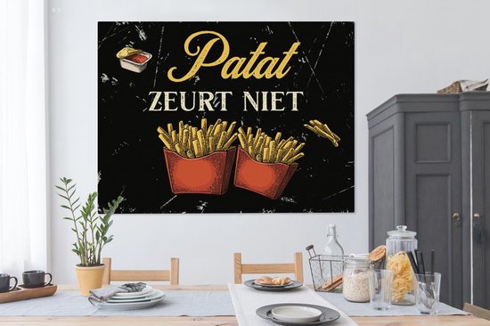 Toile Peinture Frites - Vintage - Citation - 160x120 cm - Décoration murale XXL - Cadeau femme - Cadeau homme