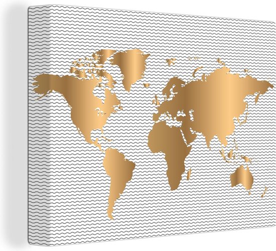 Canvas Wereldkaart - 40x30 - Wanddecoratie Wereldkaart - Goud - Golven