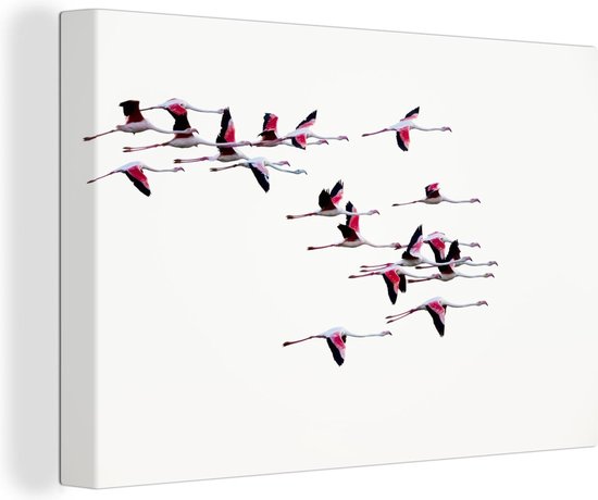 Canvas Schilderij Een zwerm flamingo's vliegt door de lucht - Wanddecoratie