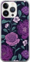 iPhone 13 Pro hoesje siliconen - Bloemen paars - Soft Case Telefoonhoesje - Marmer - Transparant, Roze