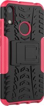 Mobigear Hoesje geschikt voor Huawei Y6 (2019) Telefoonhoesje Hardcase | Mobigear Tire Backcover Shockproof met Standaard | Schokbestendig Y6 (2019) Telefoonhoesje | Anti Shock Proof - Zwart / Roze