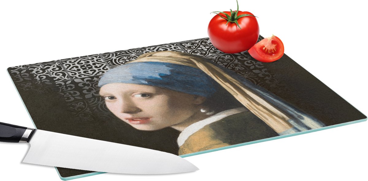 Glazen Snijplank - 39x28 - Kunst - Meisje met de parel - Zwart - Wit - Snijplanken Glas