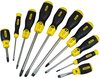 Stanley 10-Delige Cushiongrip Schroevendraaierset Standaard 3 X 75mm. 5 X 100mm. 6.5 X 45mm. 6.5 X 150mm. 8 X 150mm Phillips Ph0 X 60mm. Ph1 X 75mm. Ph2 X 45mm. Ph2 X 100mm. Ph3 X 150mm