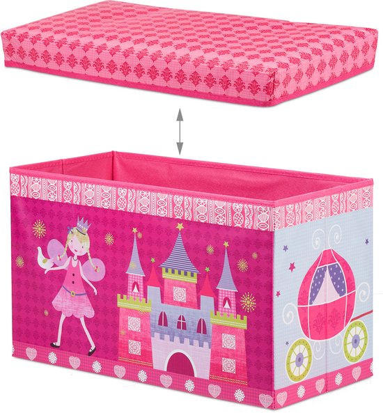 Roze opbergkist met prinses, kasteel en koets. Deksel met bloemenpatroon.