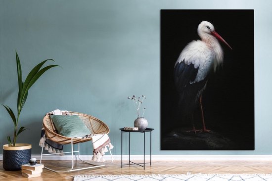 Canvas schilderij 120x180 cm - Wanddecoratie Portret ooievaar op zwarte achtergrond - Muurdecoratie woonkamer - Slaapkamer decoratie - Kamer accessoires - Schilderijen op canvas