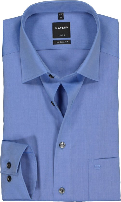 OLYMP Luxor modern fit overhemd - middel blauw - Strijkvrij - Boordmaat: 44