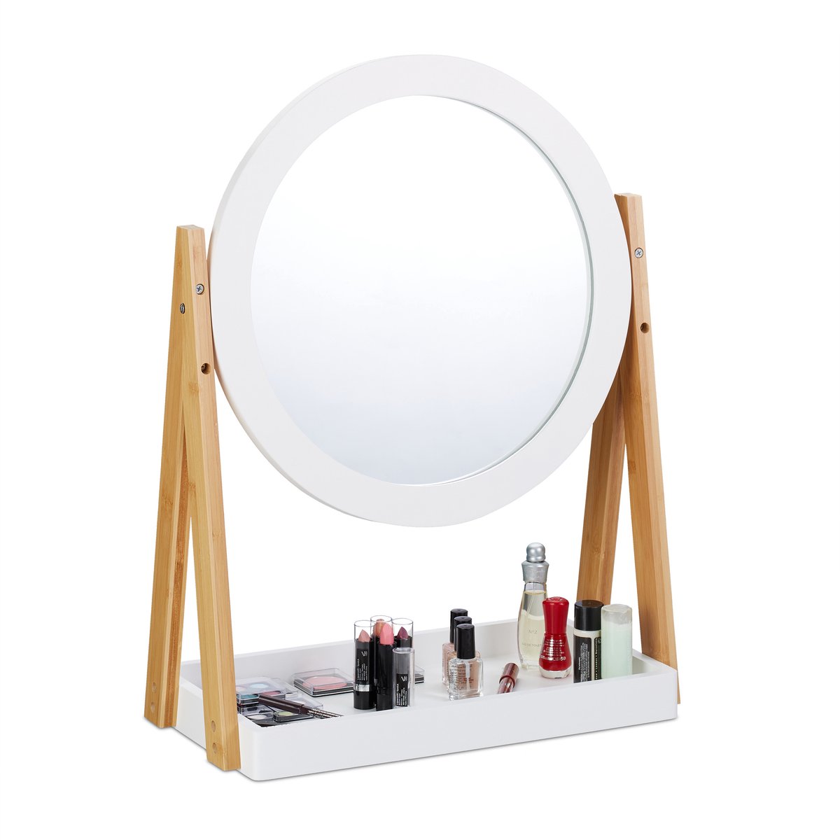 make up spiegel - op standaard - bamboe - draaibaar - tafelspiegel Ø: 32,5 cm - wit-natuur