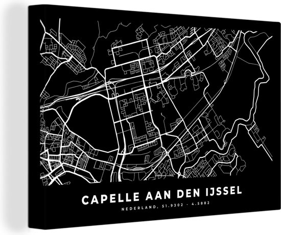 Canvas Schilderij Kaart - Capelle aan den IJssel - Zwart - 90x60 cm - Wanddecoratie