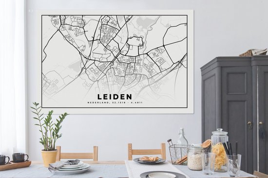 Toile Peinture Carte - Leiden - Nederland - 180x120 cm - Décoration murale XXL