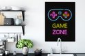 Panneau néon avec un joystick et le texte 'GAME ZONE' en bleu, jaune et rose.