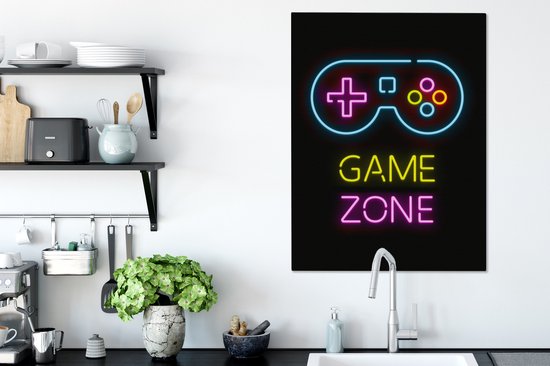 Panneau néon avec un joystick et le texte 'GAME ZONE' en bleu, jaune et rose.