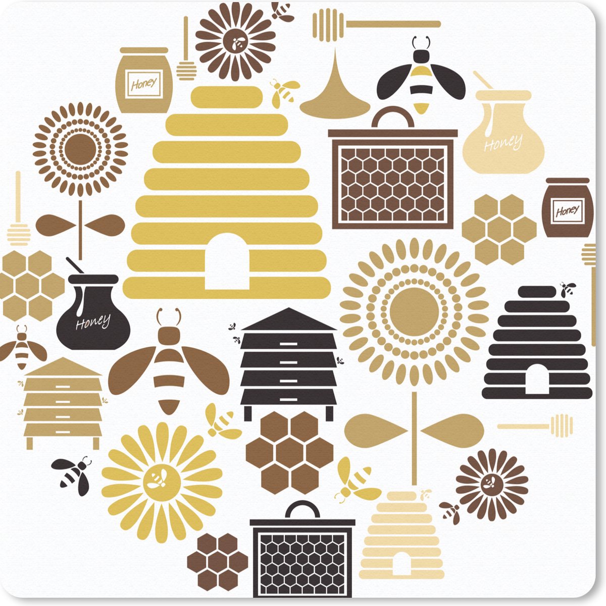 Muismat 30x30 cm - Mousepad Een illustratie van pictogrammen van bijen - Muismatten