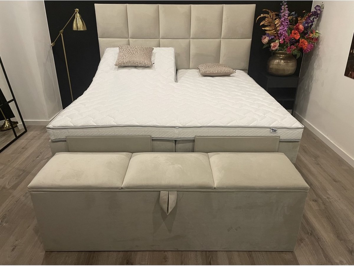 dreambedden Elektrische Boxspring XXL 140x200 Lucca incl. Meegestofferde 7-zones Pocketvering matrassen & HR55 Micropocketvering splittopper. Beige