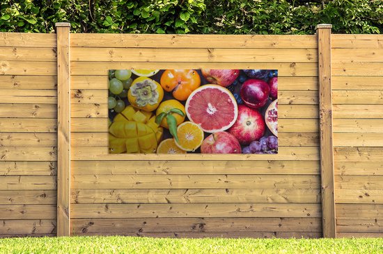 Tuinposter 160x80 cm - Tuindecoratie Fruit - Regenboog - Kleuren - Poster voor in de tuin - Buiten decoratie - Schutting tuinschilderij - Tuindoek muurdecoratie - Wanddecoratie balkondoek