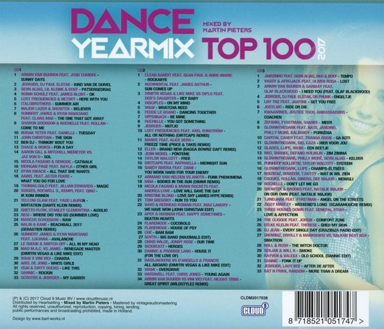 Albumhoes met 'Dance Yearmix Top 100 2017' logo, namen van artiesten en tracklist.